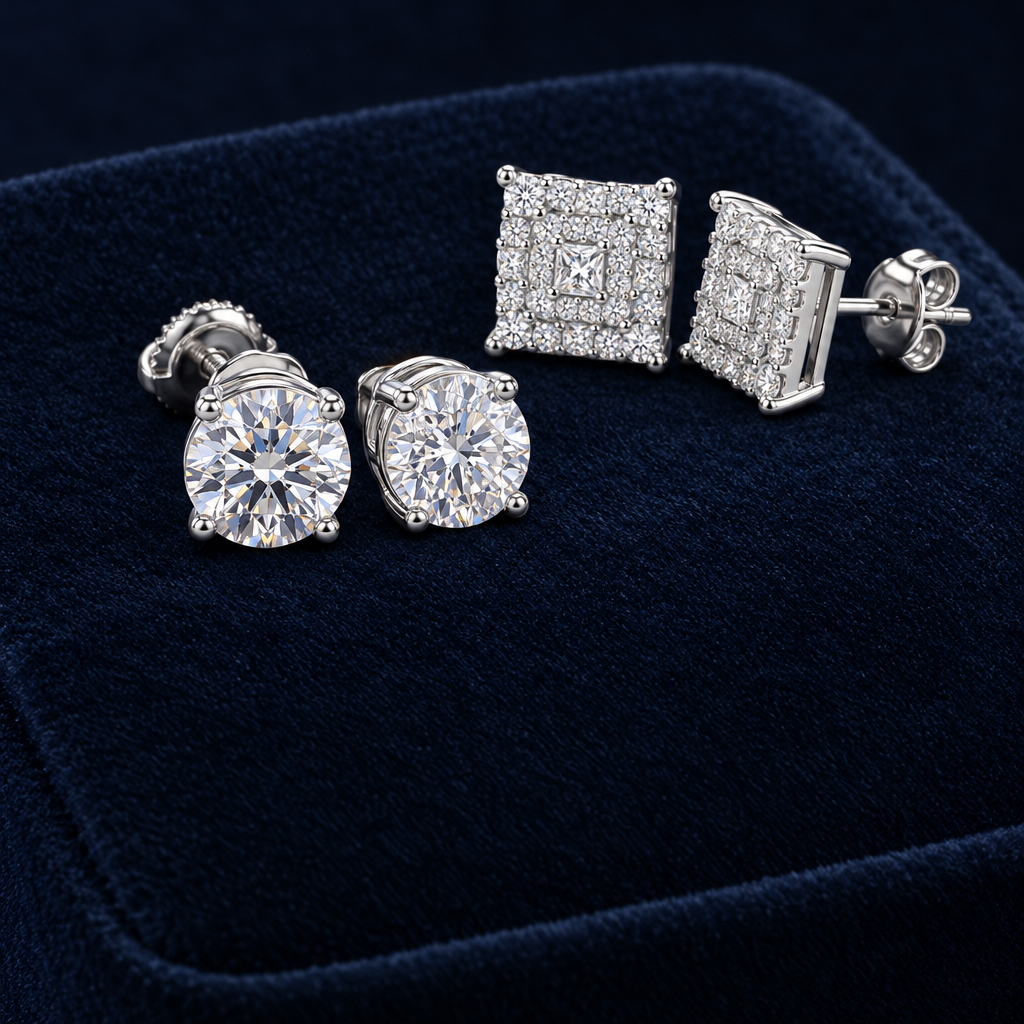 Round and square Frost Asia moissanite stud earrings on a navy velvet display