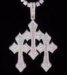 Baguette Moissanite Triple Ornamental Cross Pendant