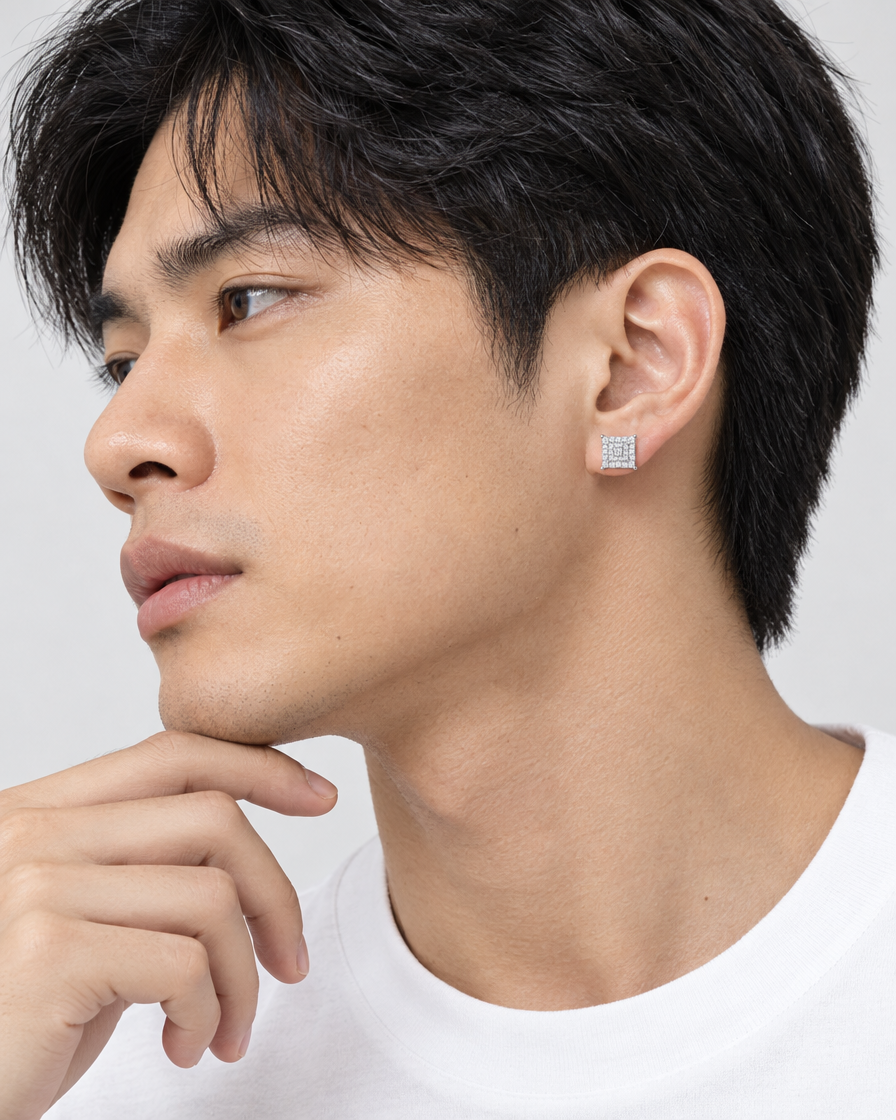 Model wearing the Frost Asia square moissanite stud earring in a white-metal finish