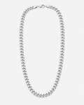 Plain polished silver-tone Cuban link chain on an off-white background